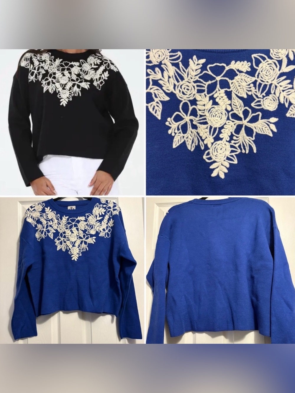 NWT! Rain + Rose Floral Appliqué Sweater in ROYAL BLUE, SMALL